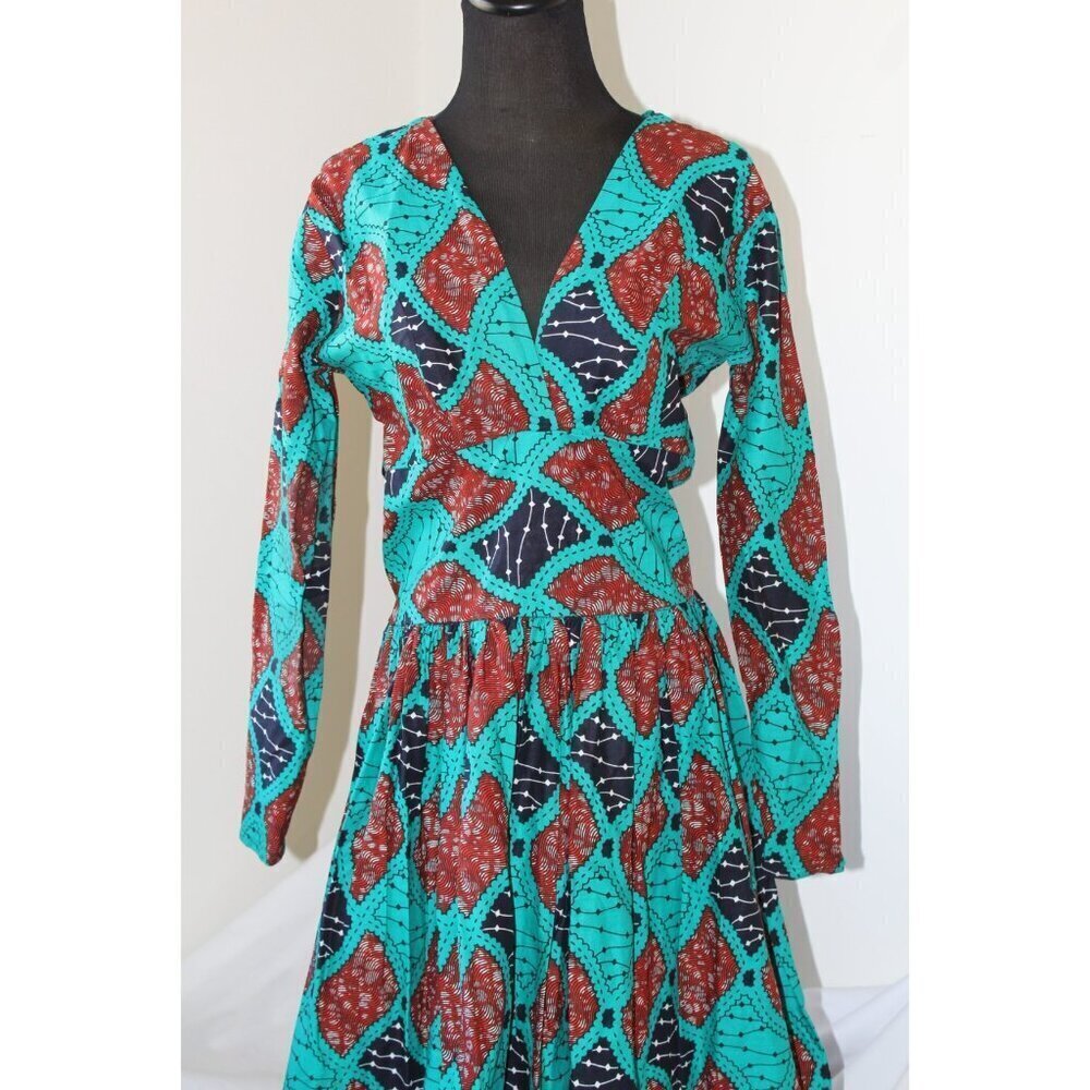 Handmade African multicolor Prairie Maxi dress M Tall Long sleeve zip up Tribal - Picture 8 of 13